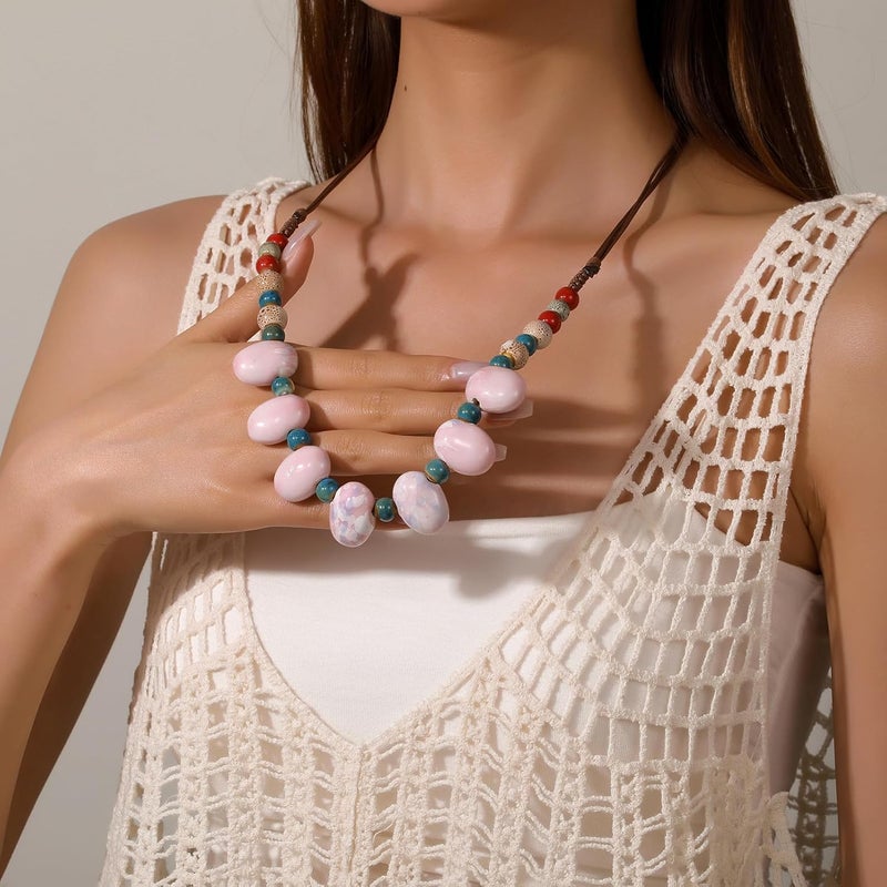 DS Boho Beaded Necklace for Women–Colorful Ceramic & African Tribal Beads, Adjustable Long Chunky Bohemian Jewelry with Gift Box Packaging,Hippie Witchy Vintage Handmade Fashion Statement Necklace - Image 5